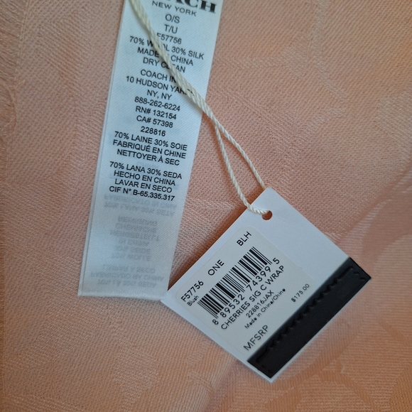 NWT Coach Women Signature Cherries Print Wrap Scarf Wool & Silk Blush Pink $175 - Picture 5 of 5